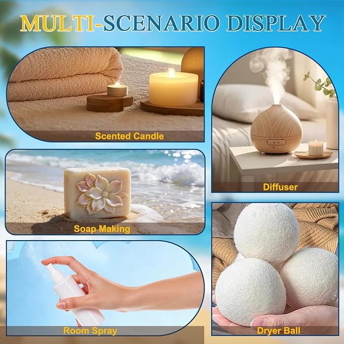 Summer Fragrance Oils Set, Premium Essential Oils for Diffuser, Natural Aromatherapy Oils for Soap Candle Making - Ocean Breeze, Coconut, Pineapple, Bali Island, Vanilla Ice Cream, Aqua Kiss