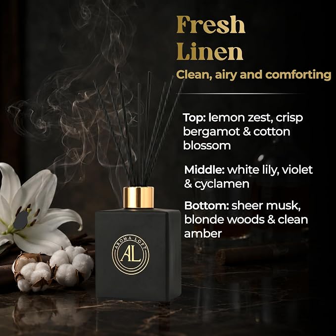 Reed Diffuser - Fragrance Diffuser for Home - 5 oz. Oil Diffuser Sticks - Bathroom Diffuser Set- Oil Diffuser Reeds - Scent Sticks in Oil-Office Smell Good Stuff (Black, Fresh Linen)