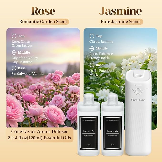 Waterless Essential Oil Diffuser (M60) with 2x120ml Oil, Portable Battery-Operated Cold Air Aroma Scent Machine, 4 Adjustable Intensity Levels, Quiet Diffuser for Bedroom Office Bathroom Car