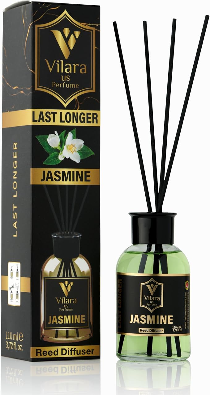 Jasmine Reed Diffuser Set - Luxury Reed Diffusers for Home, Bathroom, Bedroom, Powder Room - Long-Lasting, Natural Flower Scent Sticks - Decorative Home Fragrance Bottle - 3.72 fl oz