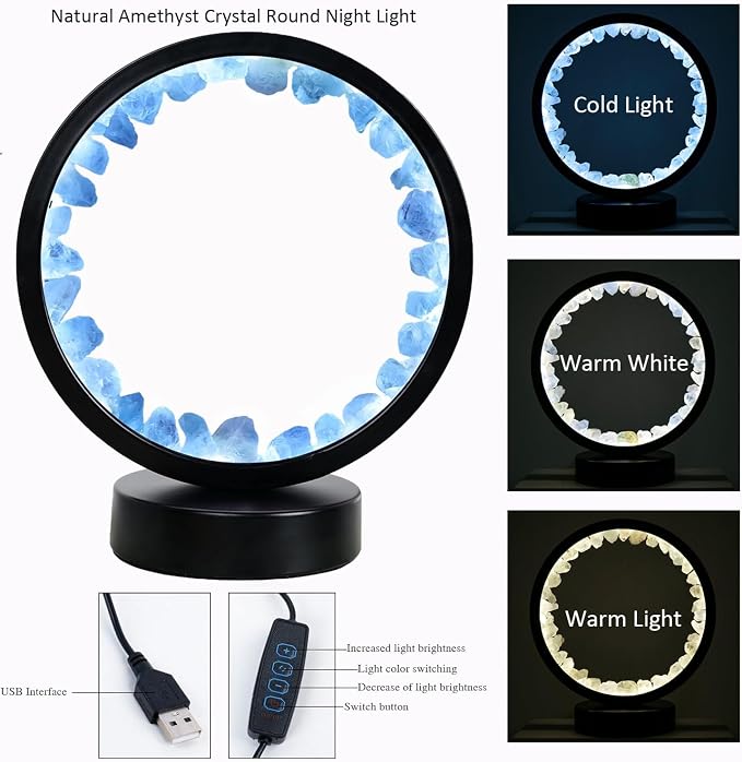Runyangshi Celestite Night Light 8.6" Natural Healing Crystal Bedside USB Port 3 Colours Dimming Mode Bedroom Lamp Suitable Night Lamp Ideal Gift