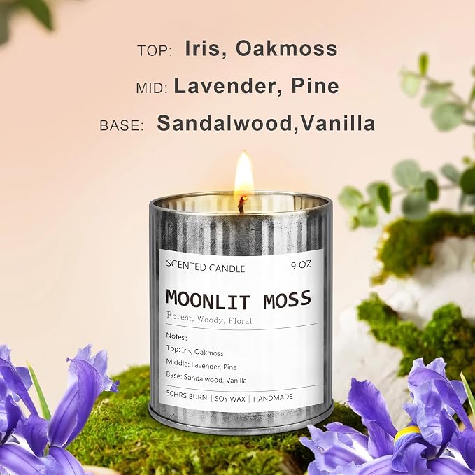Scented Candle for Men - Vintage Library Inspired - Rustic Vintage Candle in Metal Tin for Home Scented - Soy Wax Men Candles - Long Lasting with 50 Hour Burn Time, 9oz, Iris & Oakmoss