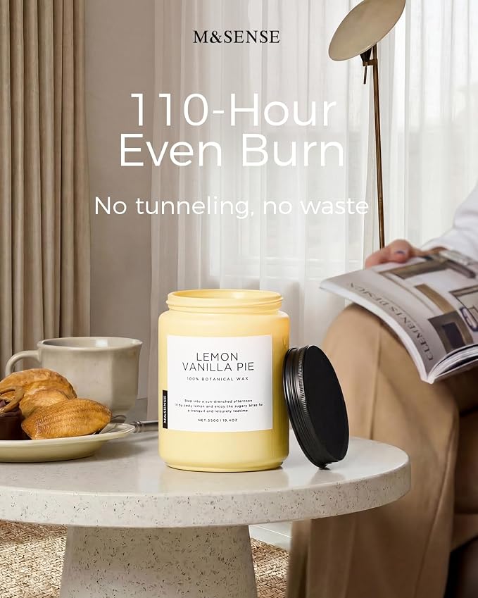 M&SENSE Lemon Vanilla Home Scented Candles, 19.4oz Organic Soy Wax, 110-Hour Clean Burning, Natural Candles Non Toxic, Citrus Scent for Relaxation, Aromatherapy Housewarming Gift for Men Women