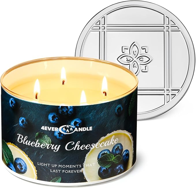 4EVER Scented Candles | 4-Wick 18oz Soy Wax Candle | Up to 50Hrs Clean Burn | Aromatherapy Candles for Home Scented | Gifts for Women & Mom, Blueberry Cheesecake
