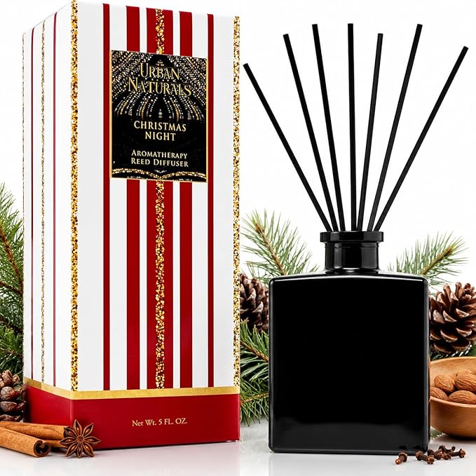 Urban Naturals Christmas Night Reed Diffuser Set – Cinnamon Spice, Almond, Clove, Cedarwood, Fresh Balsam and Fir Needle – 5 Ounce Sleek Black Rectangular Refillable Glass Bottle – Made in the USA