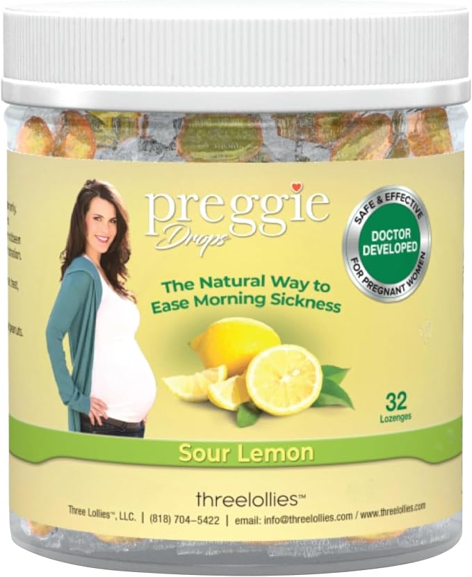 Three Lollies Preggie Drops Pregnancy Nausea Relief Drops with Essential Oils, Morning Sickness and Queasy Stomach Support for Pregnant Women, Sour Lemon, 32 Count