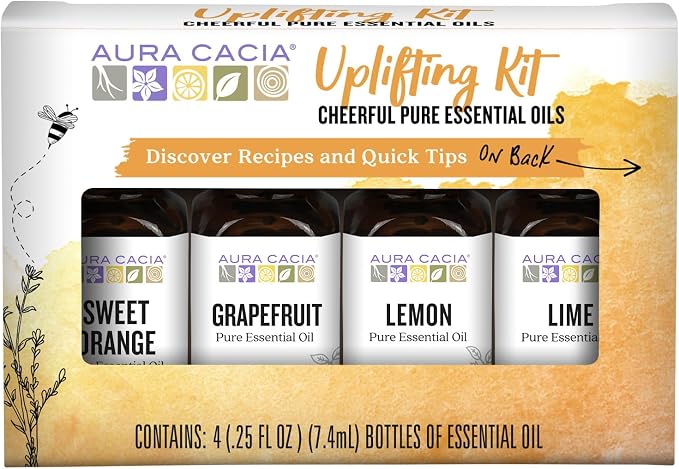 Aura Cacia Cheerful Pure Essential Oils Uplifting Kit, 0.25 fl oz 4-Pack, Grapefruit, Lemon, Lime, Sweet Orange Aromatic Oils