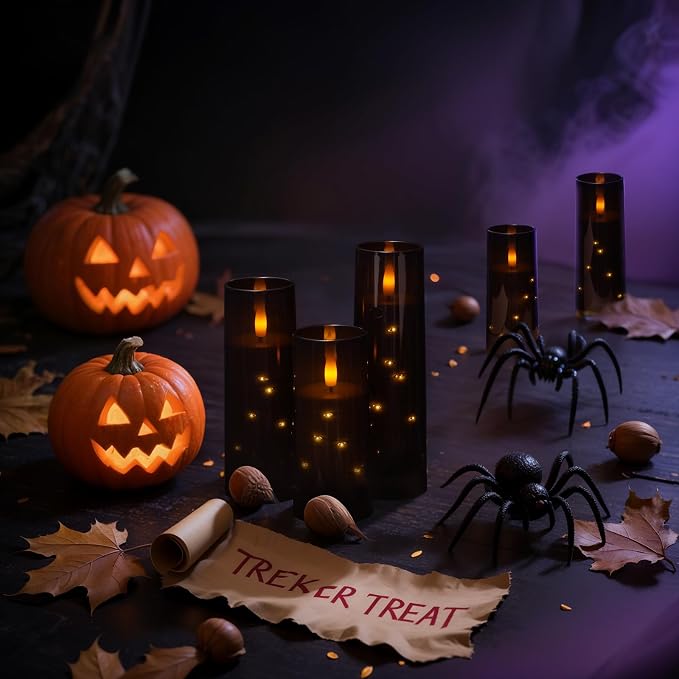 Raycare Flameless Candle with Remote Timer – 5 Flickering Acrylic Battery Operated LED Pillar Candles with Embedded Star String for Halloween, Home Decor, and as a Gift(Black)
