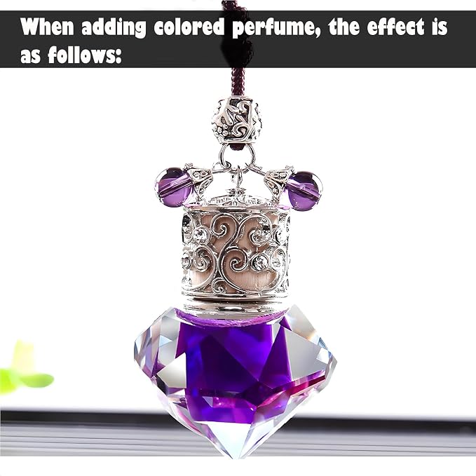 Car Air Freshener Diffuser Hanging Ornament, Diamond-Shaped Empty Crystal Bottle Car Mirror Hanging Accessories, Elegant Bottle Pendant with Wooden Caps Rear View Mirror Accessories