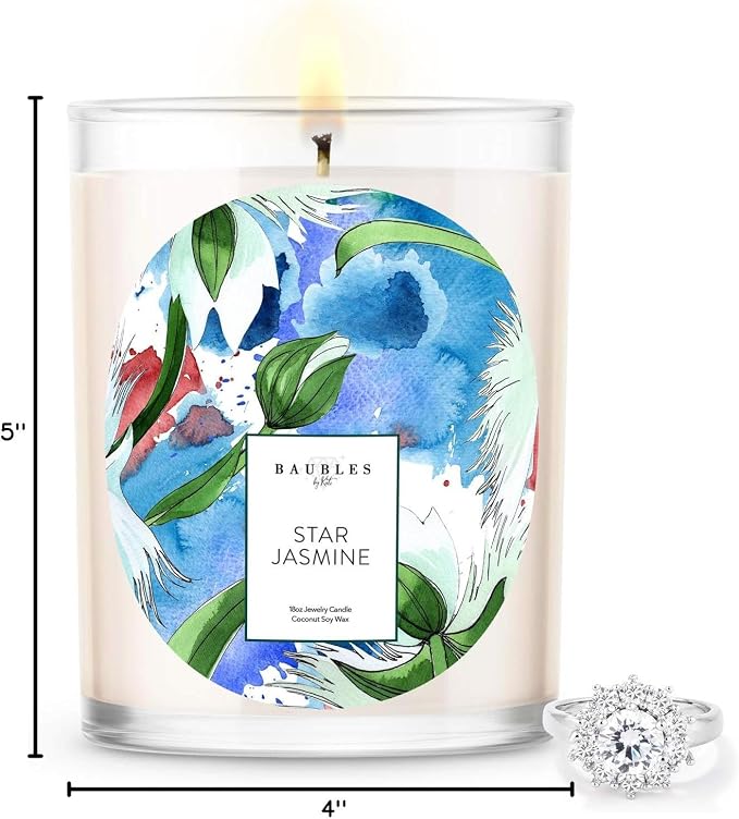 Kate Bissett Baubles Star Jasmine Scented Premium Candle and Jewelry with Surprise Ring Inside | 18 oz Large Candle | Made in USA | Parrafin Free | Size 05