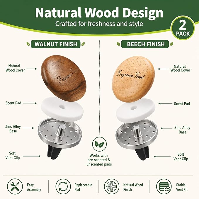 2 Pack Wooden Car Air Freshener Vent Diffuser, Walnut & Beech Wood with Zinc Alloy Base, Refillable Essential Oil Vent Clip, 4 Pads (2 Mixed Floral Scented + 2 Unscented), Natural Fragrance.