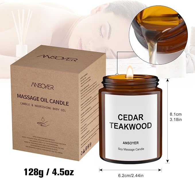 Massage Oil Candle, Scented Candle for Spa Use at Home with Soybean Oil, Ultra Hydrating Body Care, 4.5oz, Cedar Teakwood