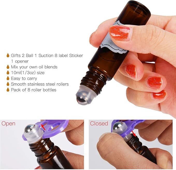 ULG Roll on Bottles 10ml Amber Glass Empty Bottles 8 Piece with Stainless Steel Roller Ball 2 Extra Balls 8 Piece Waterproof Labels 1 Opener and 3ml Dropper for Essential Oils