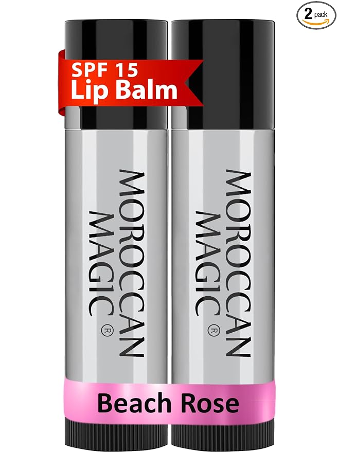 Moroccan Magic Beach Rose SPF 15 Lip Balm - Rose Vanilla | Argan Oil & Essential Oils | Family Owned | Cruelty Free | 2 Pack