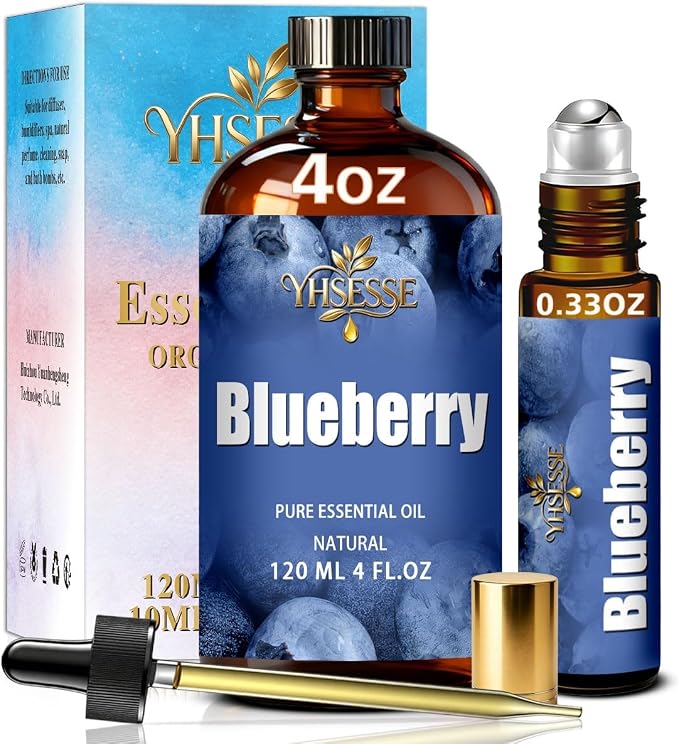 Blueberry Essential Oil, Blueberry Oil 4 Fl Oz 120ml for Diffuser Yoga Soap & Candle Making – with 0.33 Oz Roller Ball & Dropper YHSESSE Essential Oils