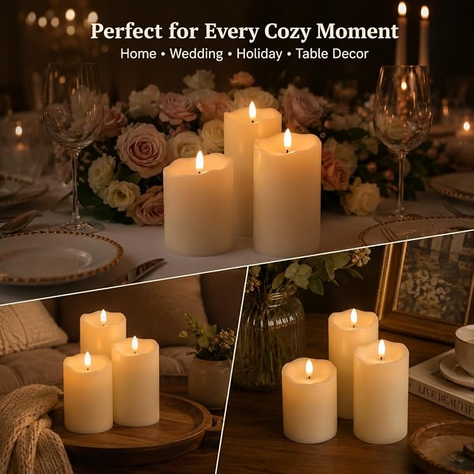 ANGELLOONG Flickering Flameless Candles, Realistic Battery Operated Candles with Remote and Timer, Set of 3 LED Candles for Fall Room Home Wedding Decor Centerpieces Table Party Christmas Decorations