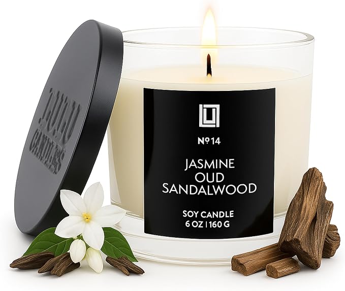 Lulu Candles | Jasmine, Oud & Sandalwood | Luxury Scented Soy Jar Candle | Hand Poured in The USA | Highly Scented Long Lasting (6 Oz.)