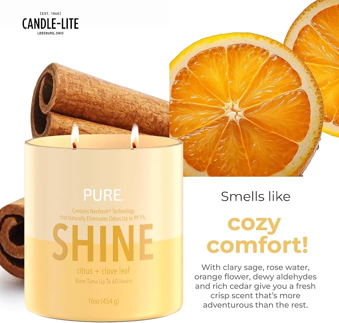 Candle-Lite Pure Citrus & Clove Leaf Odor Eliminating Scented Candles, Neofresh Technology Eliminates 99.9% of Odors, 16 oz 2-Wick Jar, Proudly Poured in The USA, Up to 60 Hours Burn Time