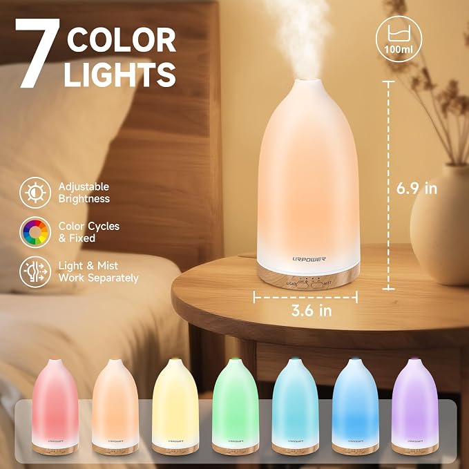 URPOWER Essential Oil Diffuser with 7 LED Color Changing Lights, Timer & Auto-Off - Ultrasonic Aromatherapy Fragrant Oil Humidifier Vaporizer Scent Diffusers for Home, Bedroom, Office, Yoga