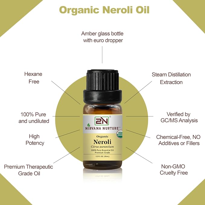 Neroli Essential Oil, USDA Certified Organic, 100% Pure Undiluted, Aromatherapy Oil for Diffuser, Hair & Skin Care