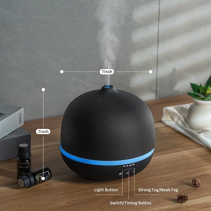 500ml Essential Oil Diffuser,Black Large Ceramic Diffusers,Ultrasonic Cool Mist Humidifier with 4 Timer & 10 Colors Light for Home,Gift