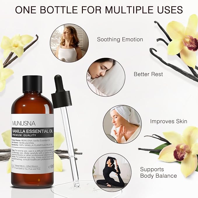 Vanilla Essential Oil, 100% Natural and Pure Vanilla Oil for Skin Care, 100ML Premium Grade Essential Oils Aromatherapy Scented Oils for Diffuser, Humidifier, Home, Candle Soap Making