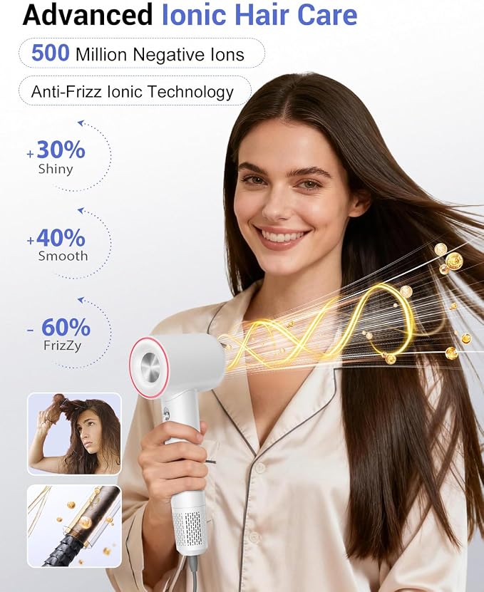 Ionic Hair Dryer, 150,000 RPM High-Speed Professional Blow Dryer for Fast Drying, 500M Negative Ions & Thermo-Control, Magnetic Nozzle, Low Noise & Lightweight for Home and Travel, White