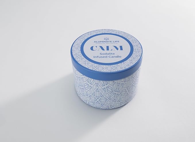 Luxury Candle Tin, 4 OZ, Calm - Sodalite Crystal Infused - Scents of Chamomile, Howood, & Sage - Destress, Insight, Serenity, & Peace - Coconut Wax Blend, Essential Oils, Dr. Developed