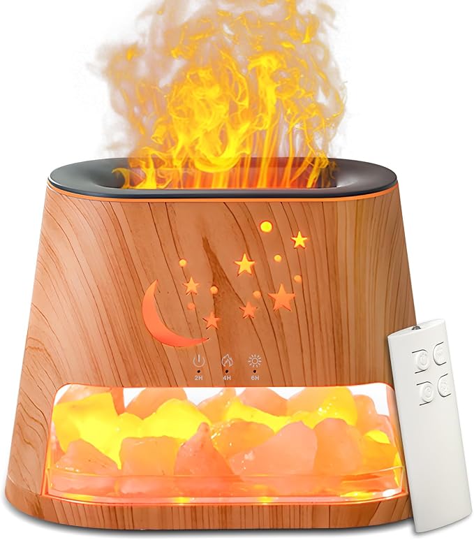Flame Essential Oil Diffuser & Himalayan Salt Lamp: 260ml Aromatherapy Diffuser & Ultrasonic Cool Mist Humidifier with Himalayan Pink Salt Rock, Remote, 7-Color LED, 3 Timer (Moon Star + Wood Grain)
