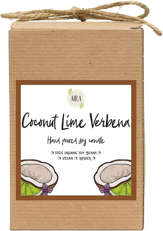 Aira Soy Candles - Organic, Kosher, Vegan, in Mason Jar w/Therapeutic Grade Essential Oil Blends - Hand-Poured 100% Soy Candle Wax - Paraffin Free, Burns 110+ Hours - Coconut Lime Verbena - 16 Ounces