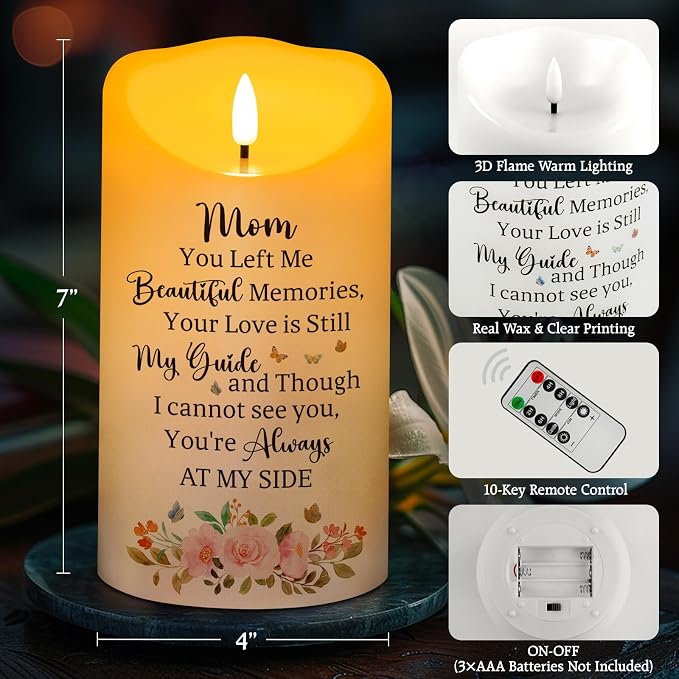 Memorial Candle, Real Wax LED Light with Remote Control, Sympathy Gift for Loss of Loved One or Mother, 4" x 7"