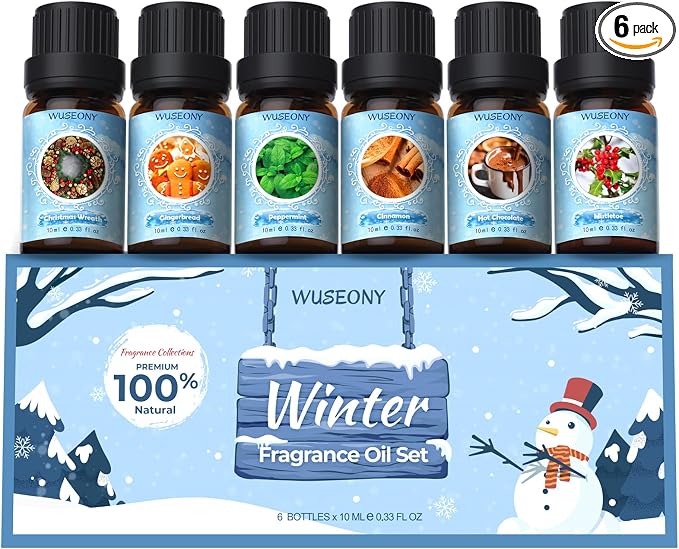 WUSEONY Winter Essential Oil for Diffusers Home, Holiday Fragrance Oils Set, Scented Oil Gift Set for Candle Soap Making - Christmas Wreath, Gingerbread, Mistletoe, Peppermint, Cinnamon, Hot Chocolate
