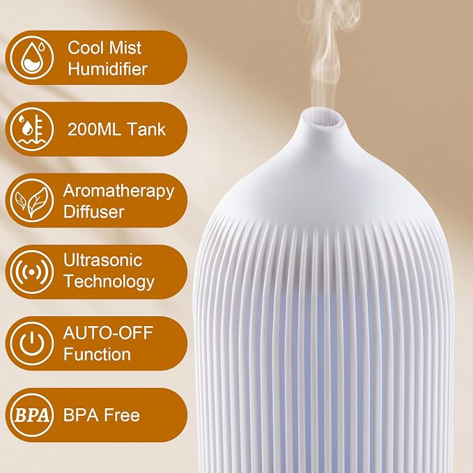 Essential Oil Diffuser 200ML Aromatherapy Diffuser Cool Mist 7 Color & Waterless Auto Off, Air Diffusers for Home Office Bedroom(White)