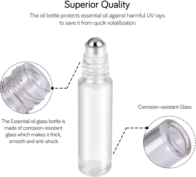 PrettyCare Set of 24, 10 ml Essential Oil Roller Bottles with Stainless Steel Roller Ball - Refillable Leak-proof Empty Thick Clear Glass Roll on Bottles with Silver Metal Caps for Travel, Perfume