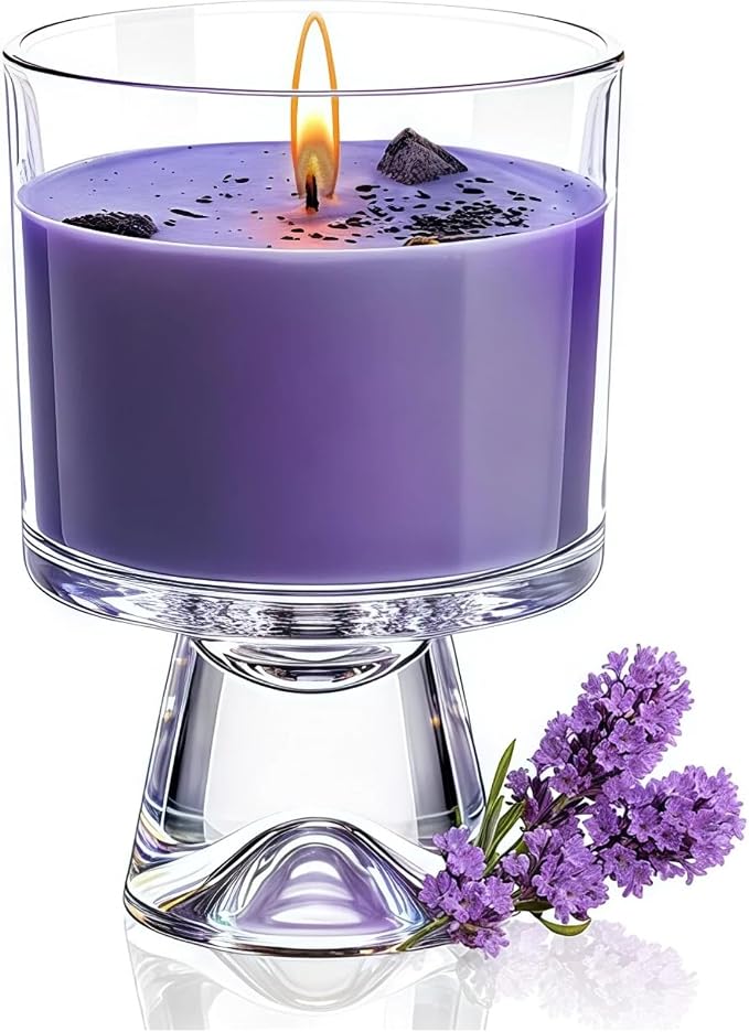Lavender Scented Candle – Natural Soy Wax with Healing Crystals and Dried Lavender, 48-Hour Burn Time, Aromatherapy Candle for Stress Relief and Sleep, Reusable Glass Jar, Gift for Women