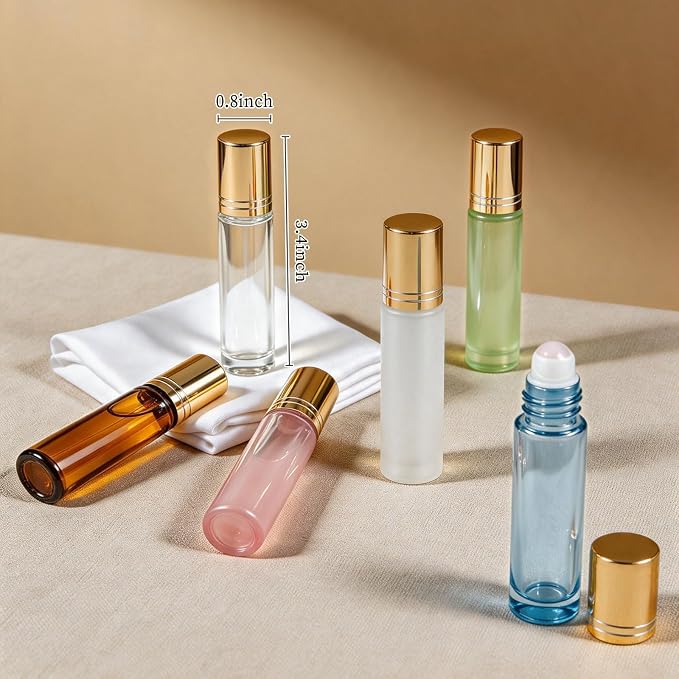 Cocurb 10ml Rose Quartz Roller Bottles with 8 Colors,Thick Travel Size Glass Bottles for Essential Oils Perfume with Liquid Dispensing Tools,Leak-Proof,Color Coding