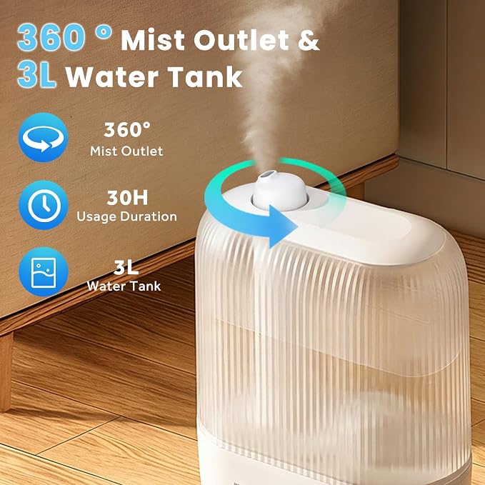 COWSAR Humidifier for Bedroom, 3L Top Fill Cool Mist Humidifier for Large Room, Easy to Fill & Clean, Quiet 22dB, Baby Humidifier, Nightlight, Timer/Sleep Mode, 360° Nozzle, Aromatherapy Tray, White