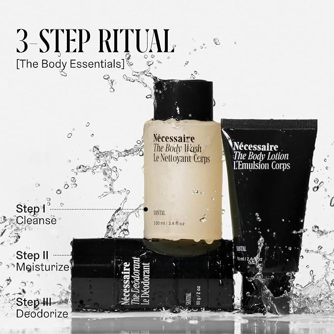 Nécessaire Body Essentials - Skin Care Gift Set For Women + Men - Travel-Size Body Wash, Body Lotion + Deodorant | Dermatologist-Tested. Hypoallergenic | Vegan | Aluminum-Free Deodorant (Santal)