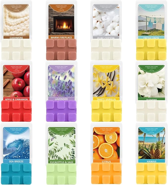 SCENTORINI Scented Wax Melts 12 Pack - Spring & Summer Assorted Scents Including Pure Cotton, Tahiti Vanilla, Jasmine & Eucalyptus Sage | Strong Fragrance Wax Cubes for Warmer, Home, Office Relaxation