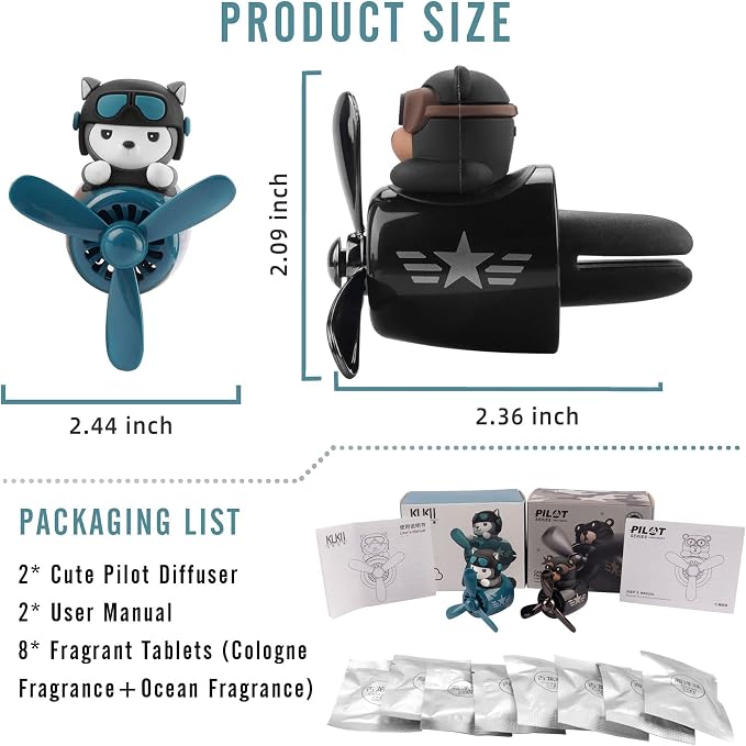 2pcs Bear Pilot Car Air Fresheners Cute Cartoon Automotive Air Outlet Propeller Car Diffuser Creative Car Perfume Decoration for Car Vent Clips for Women Men Cool Car Accessories (Bear + Teddy Bear)