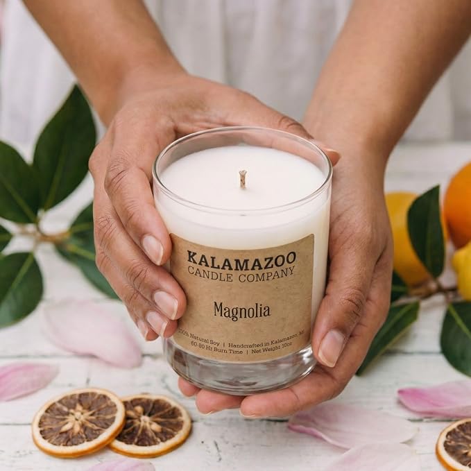 Kalamazoo Candle Company Hand-Poured Soy Wax Candle – 10oz Classic Jar, 60-80 Hour Burn Time – Made in USA, Highly Scented, Phthalate-Free (Magnolia)