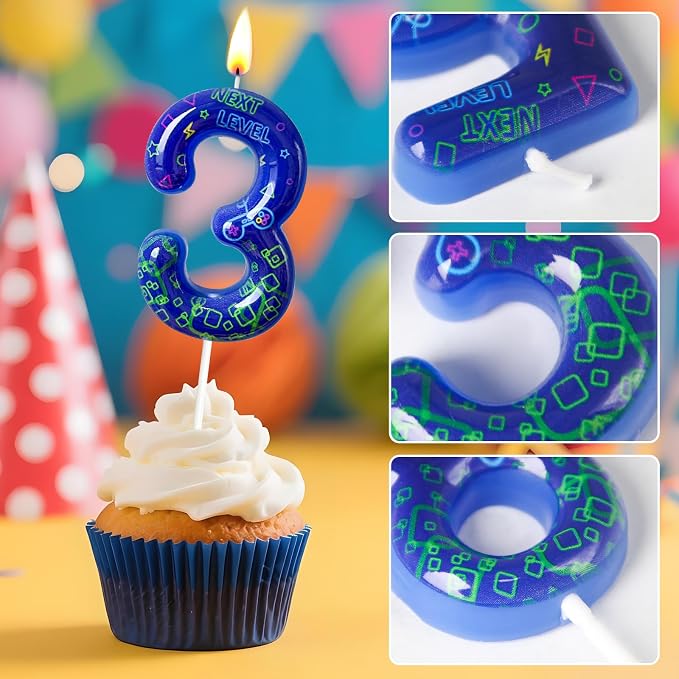 Number 3 Birthday Candle for Cake – Blue Gaming Theme Number Candle with “Next Level” Design, Video Game Style Cake Topper for Anniversary & Celebration