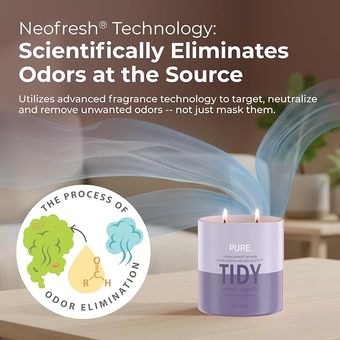Candle-Lite Pure Patchouli & Magnolia Odor Eliminating Scented Candles, Neofresh Technology Eliminates 99.9% of Odors, 16 oz 2-Wick Jar, Proudly Poured in The USA, Up to 60 Hours Burn Time