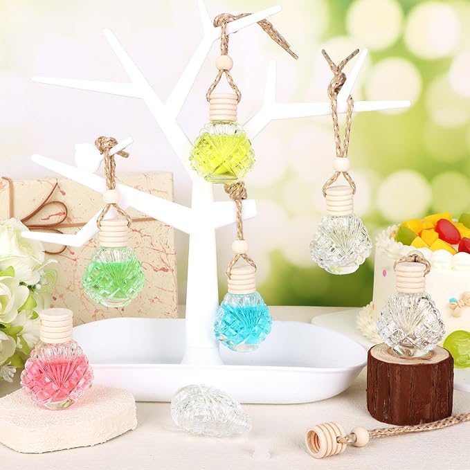 60 Pcs Hanging Car Air Freshener Car Diffuser Bottle Empty Glass Perfume Bottles Air Freshener Diffuser Bottle Pendant for Essential Oils Fragrance Aromatherapy Ornament Decor (Shell)