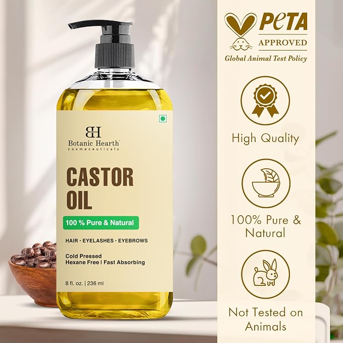 Botanic Hearth Castor Oil 8 Fl Oz| 100% Pure & Natural, Cold Pressed |For Hair, Eyelashes & Eyebrows | Hexane Free, Fast Absorbing | with Massage Roller Ball
