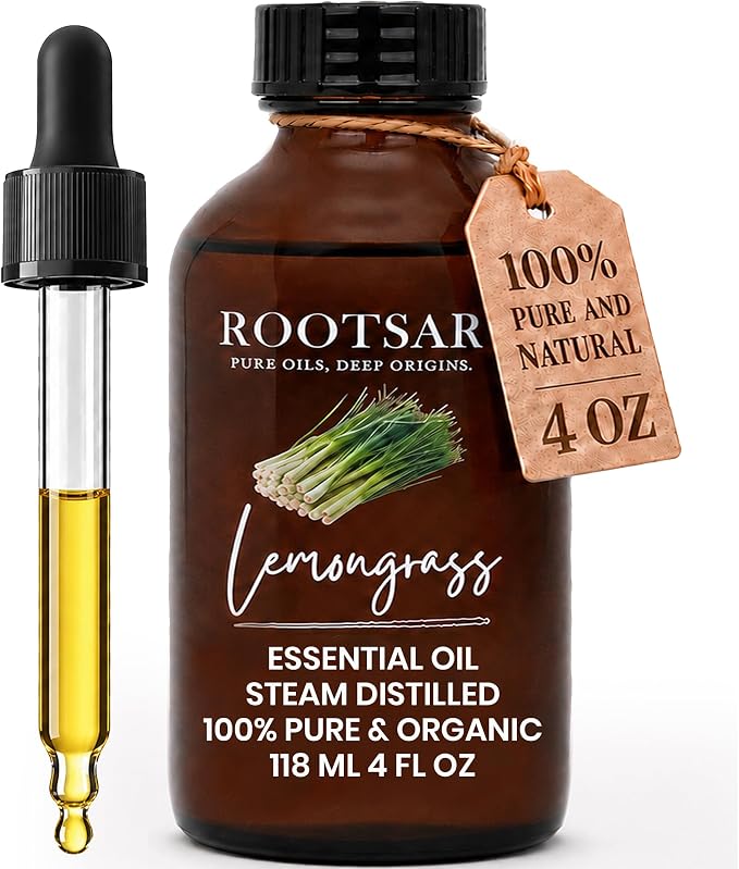 Lemongrass Essential Oil – 100% Pure Organic Lemongrass Oil, Steam Distilled, 4 FL OZ / 118 ML – Premium Essential Oil for Diffuser, Aromatherapy, Massage, Skin Care, Candle & Soap Making
