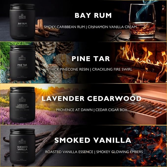 Men's Candle Gift Set; 4 x 8oz Scented Candles; Bay Rum, Pine Tar, Smoked Vanilla, Lavender Cedarwood; 200 Hours Burn Time; Matte Black Glass Jars; Premium Black Gift Box by Spotless Candles