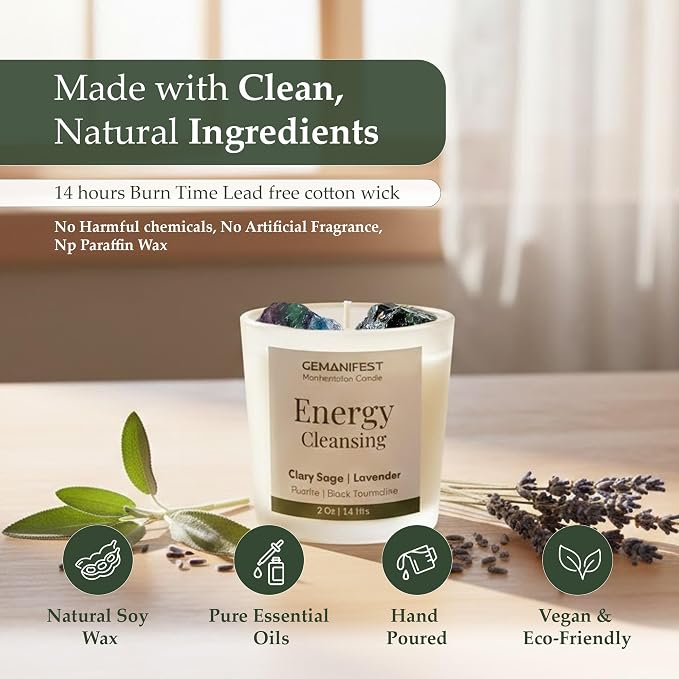 Energy Manifestation Crystal Candle, Non Toxic Soy Candle for Cleansing House Negative Energy, Valentine's Gift for Her/Him, Women's Wellness & Spiritual Healing
