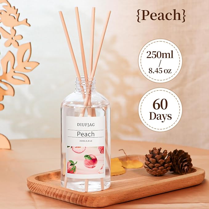 Peach Diffuser with 10 Fiber Sticks, 200ml (6.7 oz) Diffusers for Home Essentials Bathroom,Last up to 60 Days