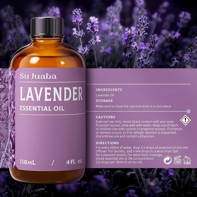 SU JUABA Lavender Essential Oil 4 Fl Oz - 118ML | For Relaxing Diffusion, Skin Care, Fabric Softening, DIY Candles & Soap